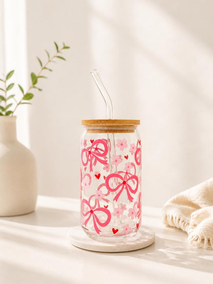 Pink Coquette Bow Glass Can