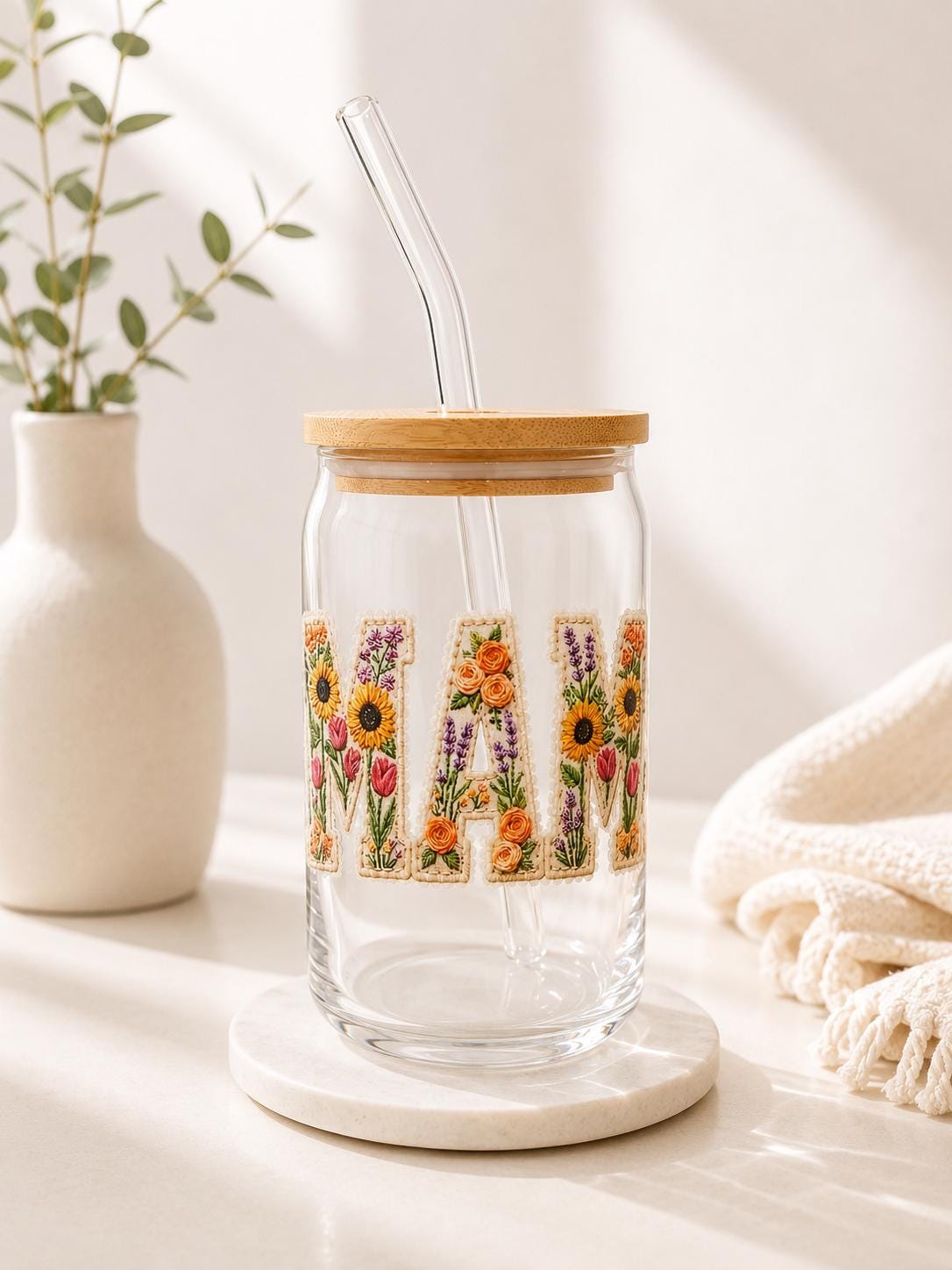 Faux Embroidered Mama Glass Can Tumbler