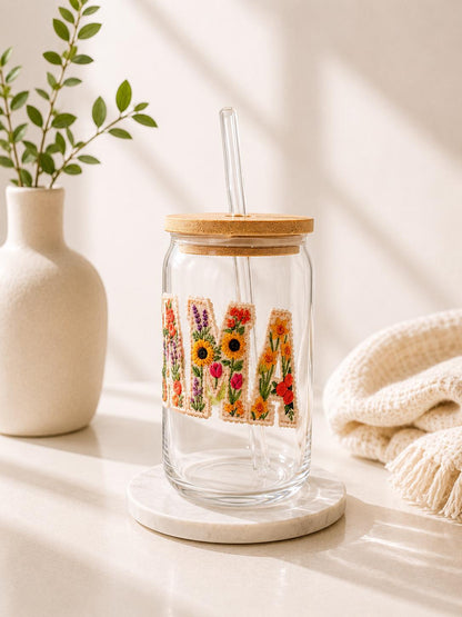Faux Embroidered Mama Glass Can Tumbler